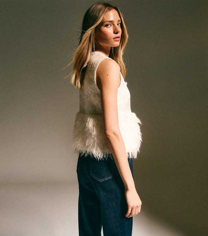 Cream Faux Fur Hem Sleeveless Waistcoat Top