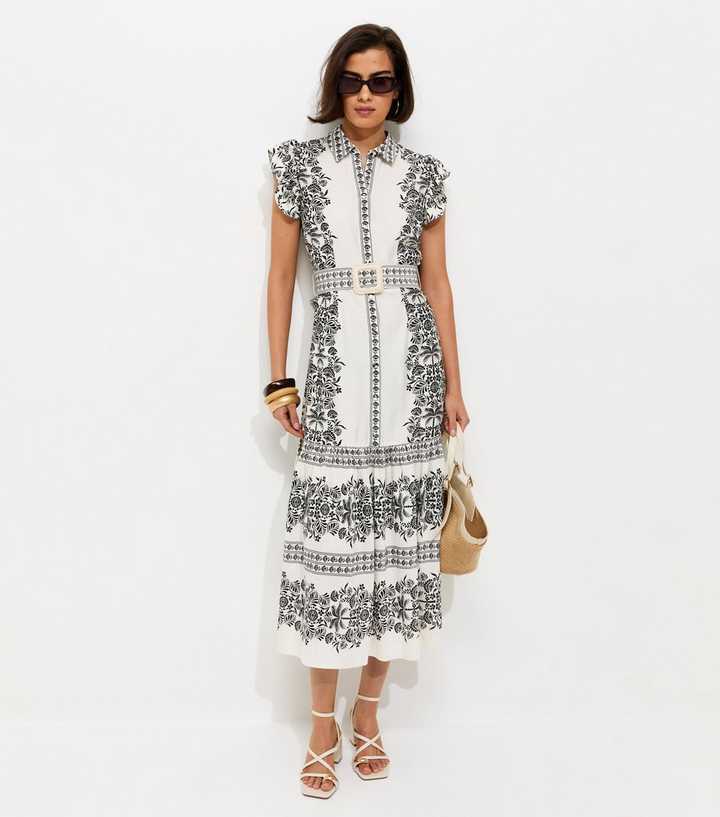 Cream Floral Border Print Buckle Detail Shirt Dress