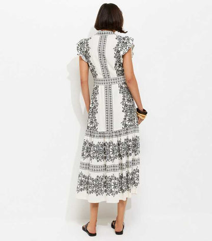 Cream Floral Border Print Buckle Detail Shirt Dress