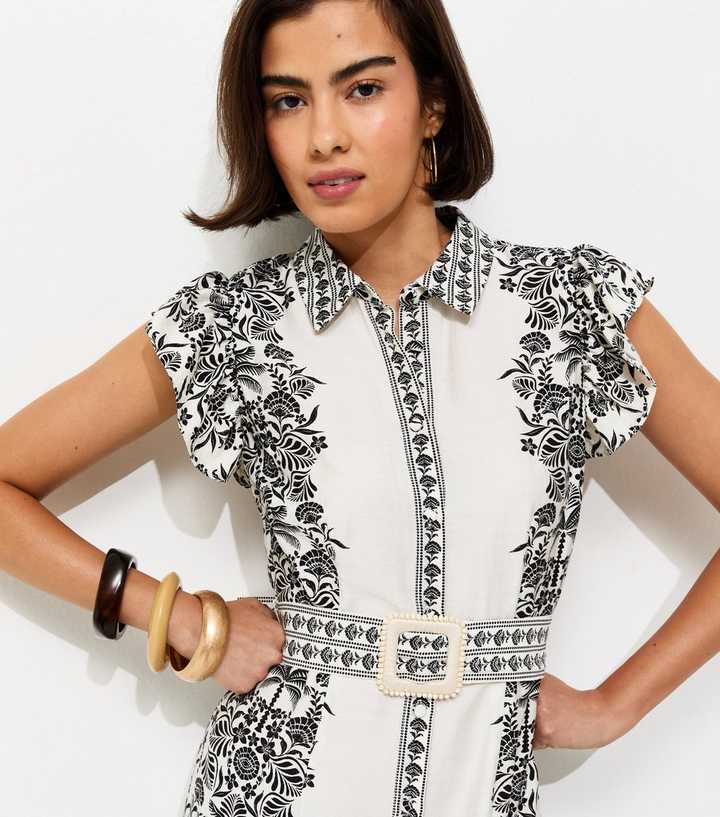 Cream Floral Border Print Buckle Detail Shirt Dress