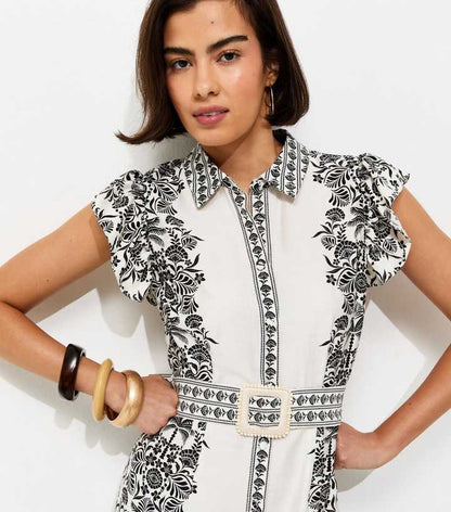 Cream Floral Border Print Buckle Detail Shirt Dress