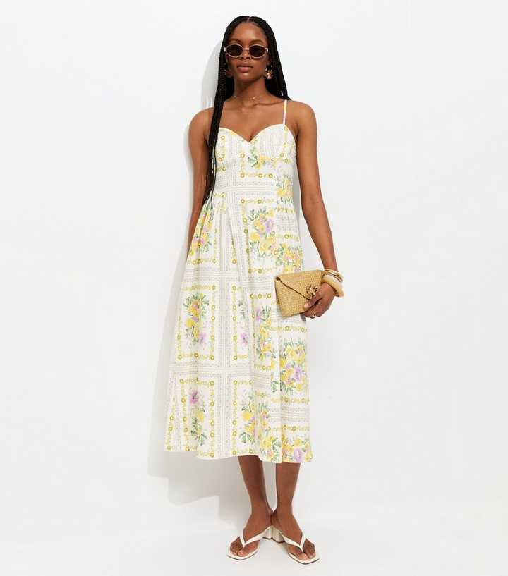 Cream Floral Print Corset Bust Flared Midi Dress