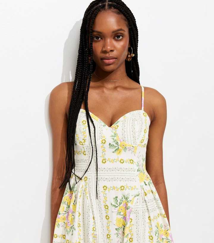 Cream Floral Print Corset Bust Flared Midi Dress
