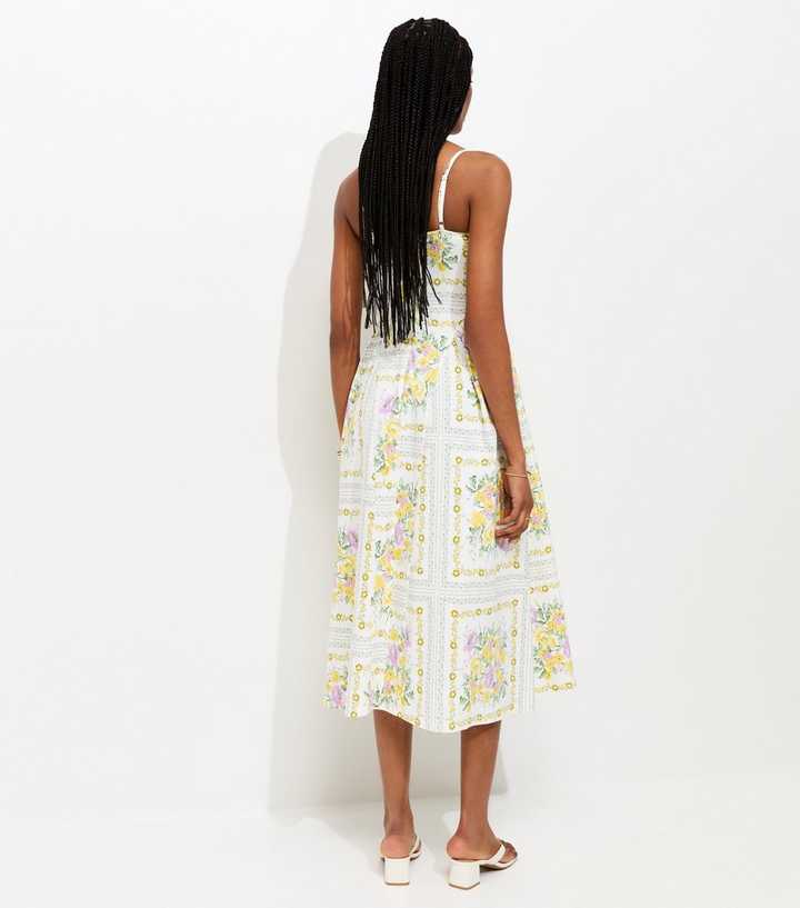 Cream Floral Print Corset Bust Flared Midi Dress