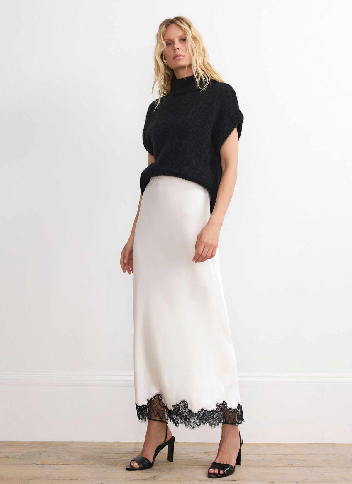 Cream Lace Satin Slip Skirt