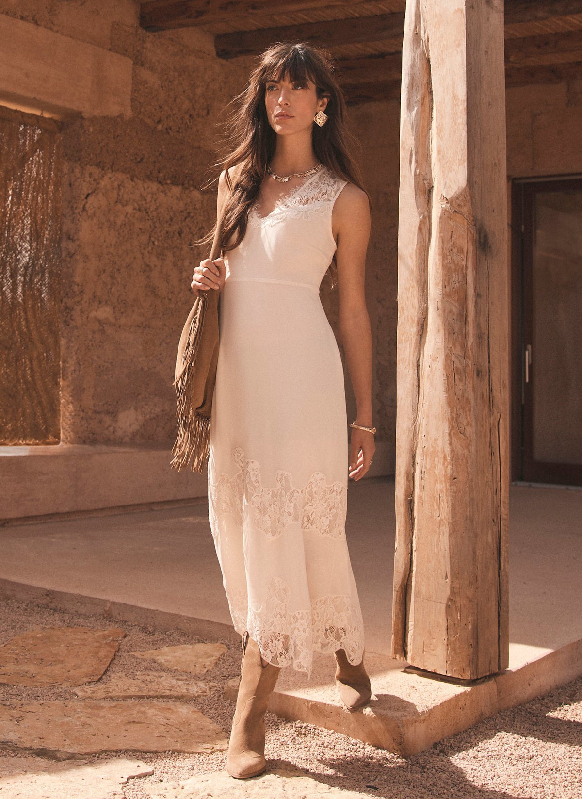 Cream Lace Midi Slip Dress