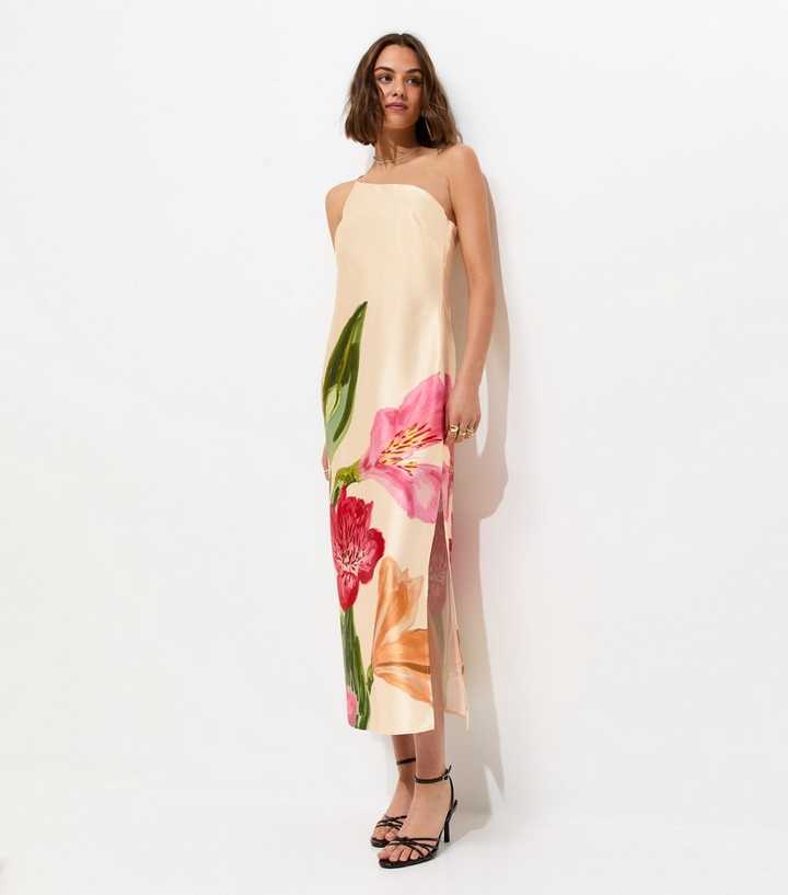 Cream Satin Floral One Shoulder Midi Dress