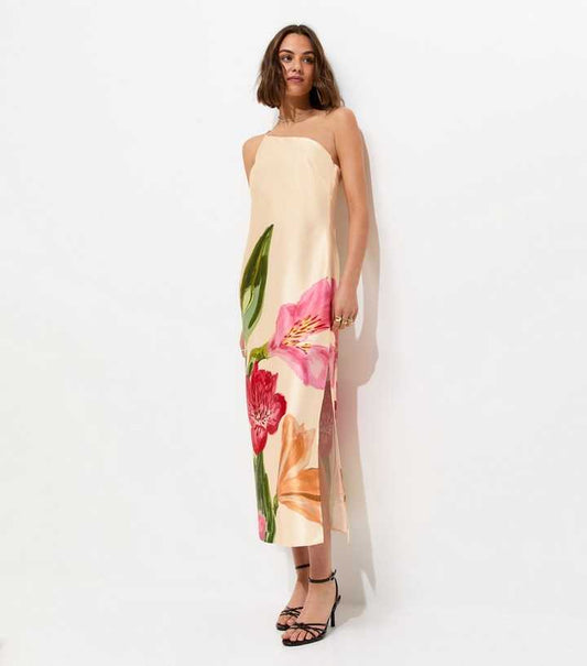 Cream Satin Floral One Shoulder Midi Dress