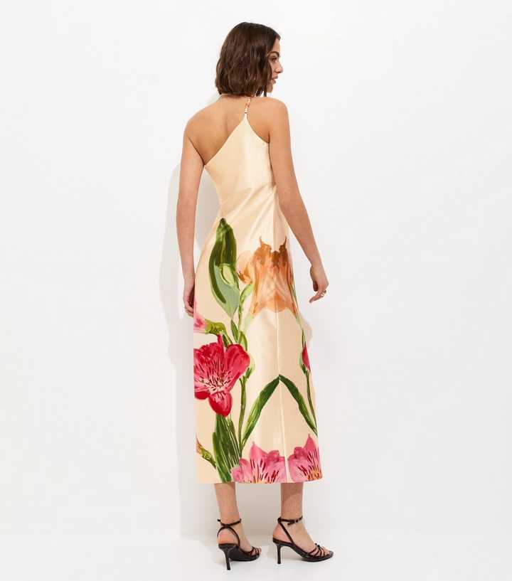 Cream Satin Floral One Shoulder Midi Dress