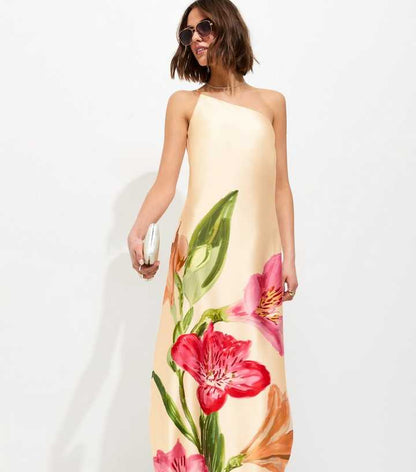 Cream Satin Floral One Shoulder Midi Dress