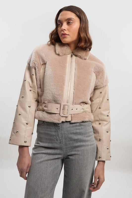 Shearling & Leather Mix Studded Biker Jacket