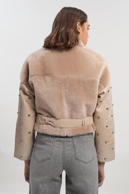 Shearling & Leather Mix Studded Biker Jacket