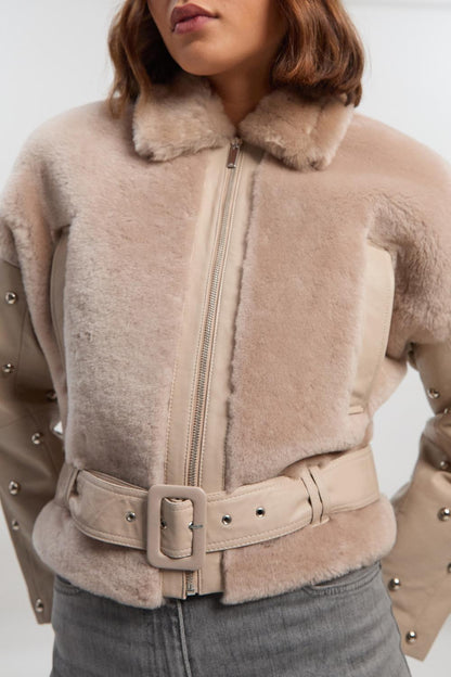 Shearling & Leather Mix Studded Biker Jacket