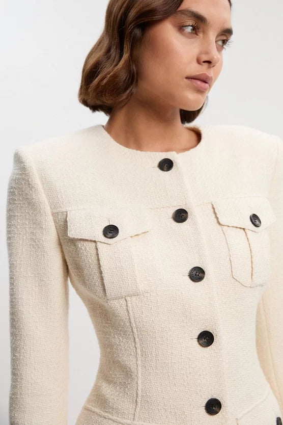 Tailored Check Contrast Sleeve Pocket Front Midi Dress