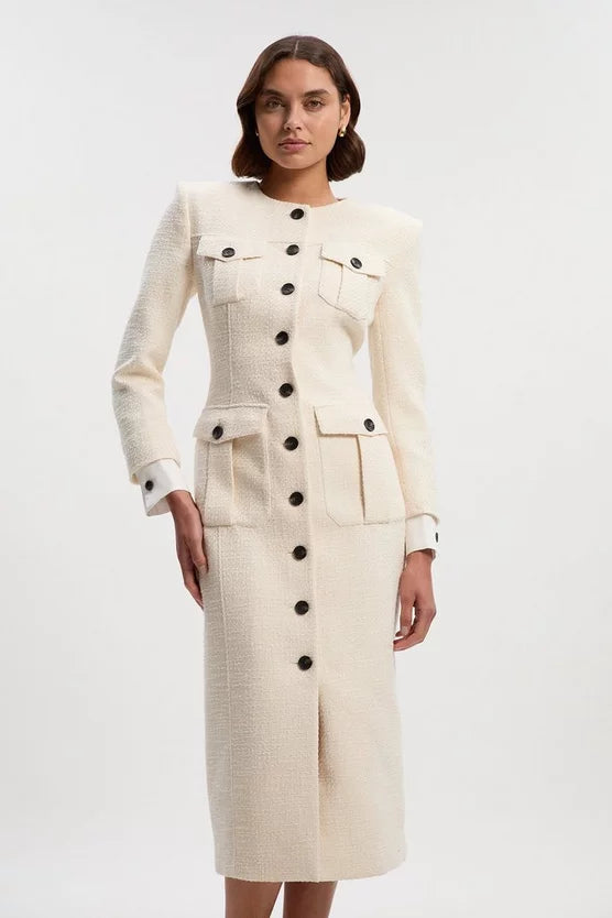 Tailored Check Contrast Sleeve Pocket Front Midi Dress