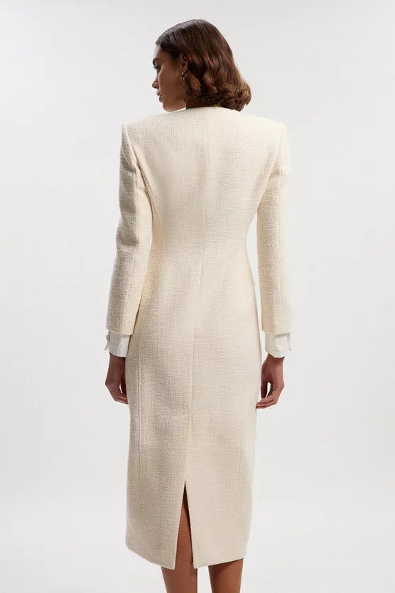Tailored Check Contrast Sleeve Pocket Front Midi Dress