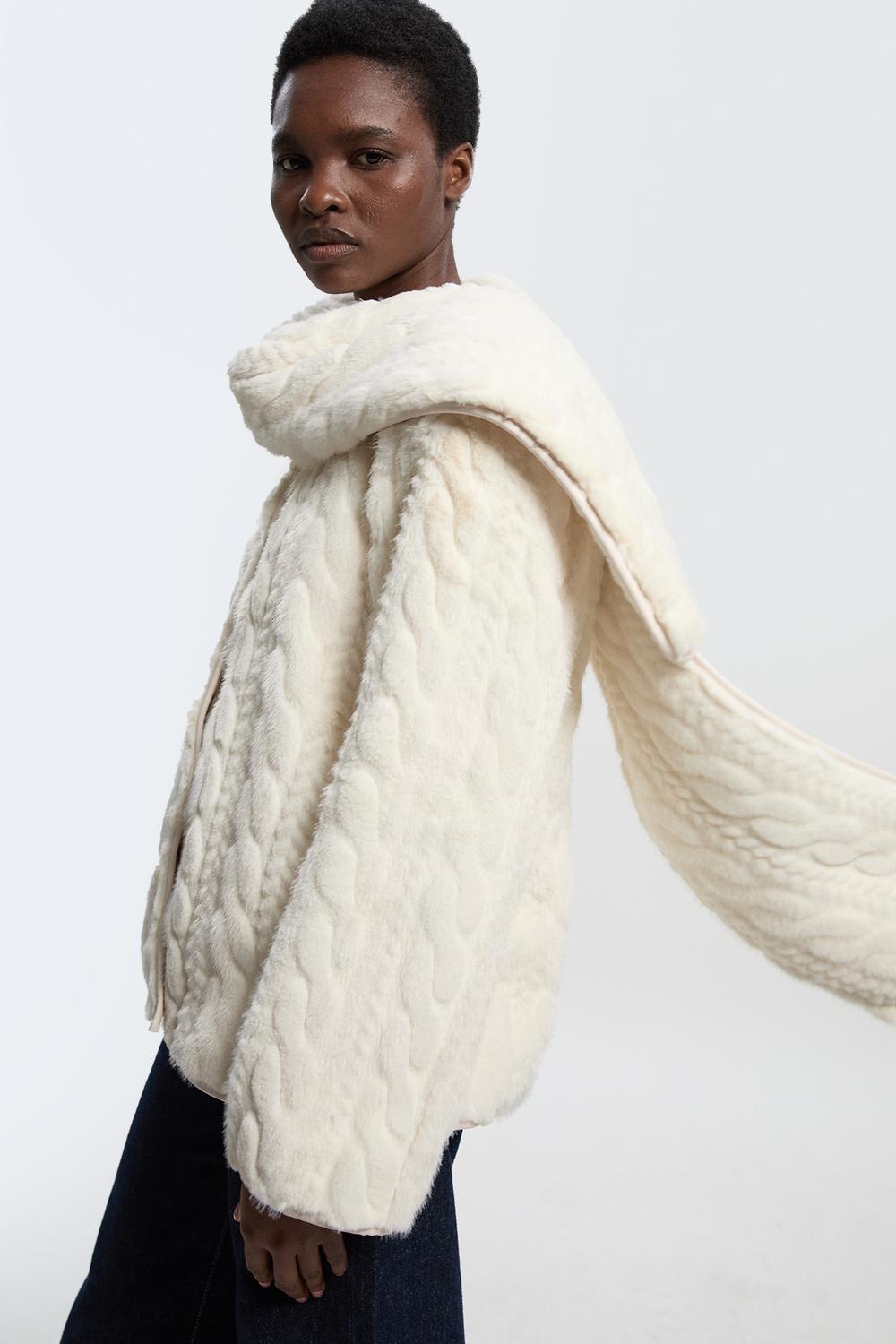 Textured Faux Fur Scarf Neck Coat