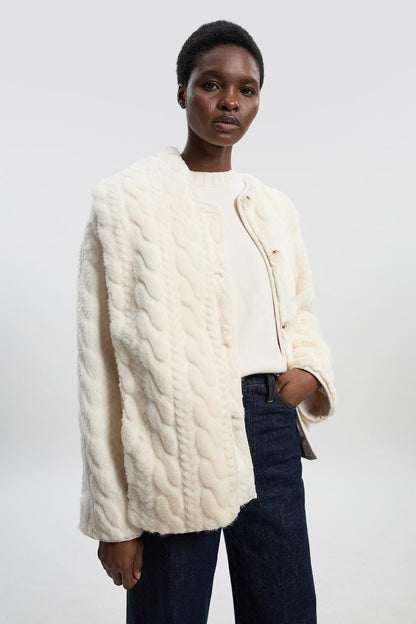 Textured Faux Fur Scarf Neck Coat