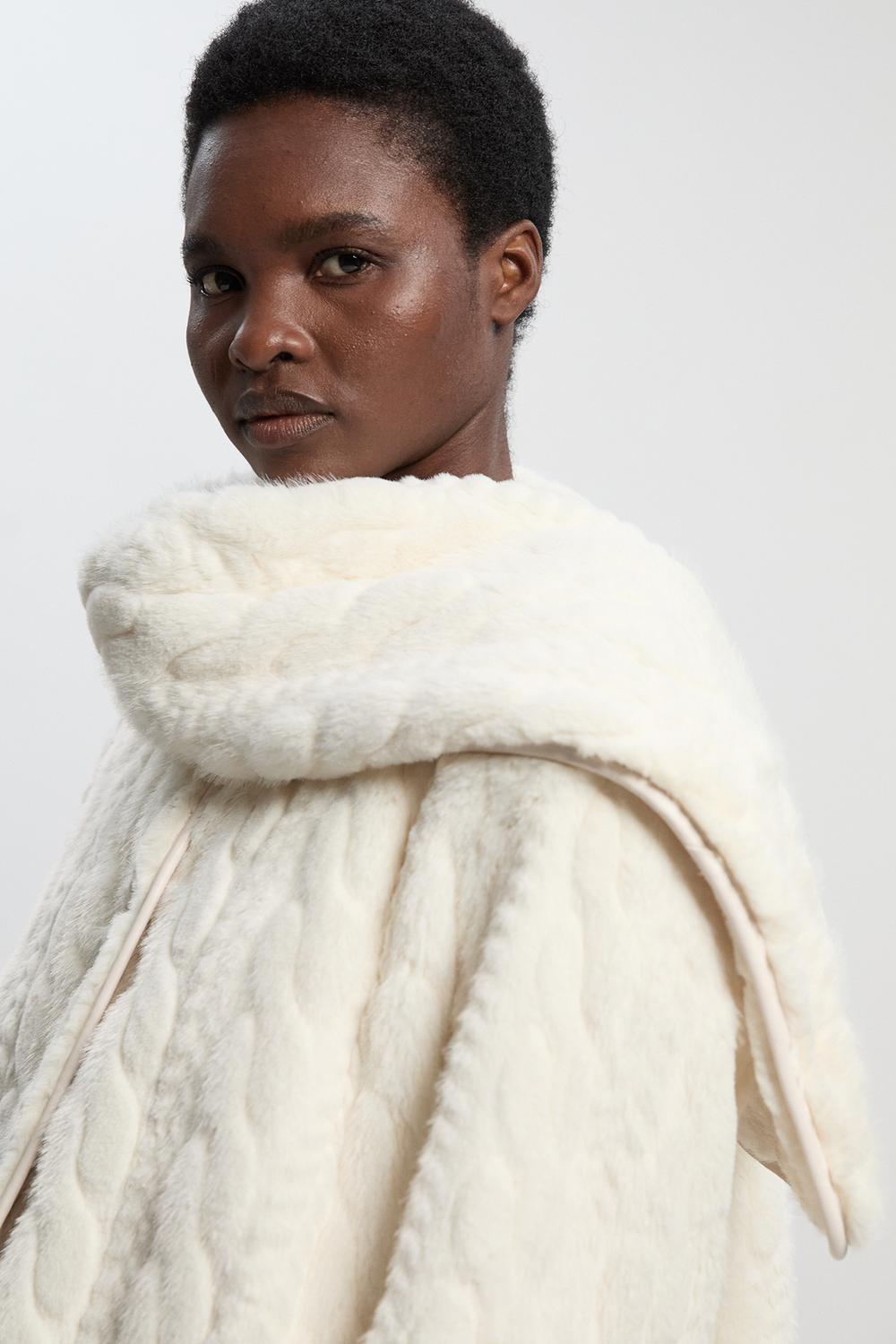 Textured Faux Fur Scarf Neck Coat