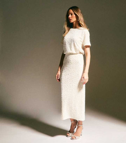 Cream Velvet Sequin Embellished Midi Skirt