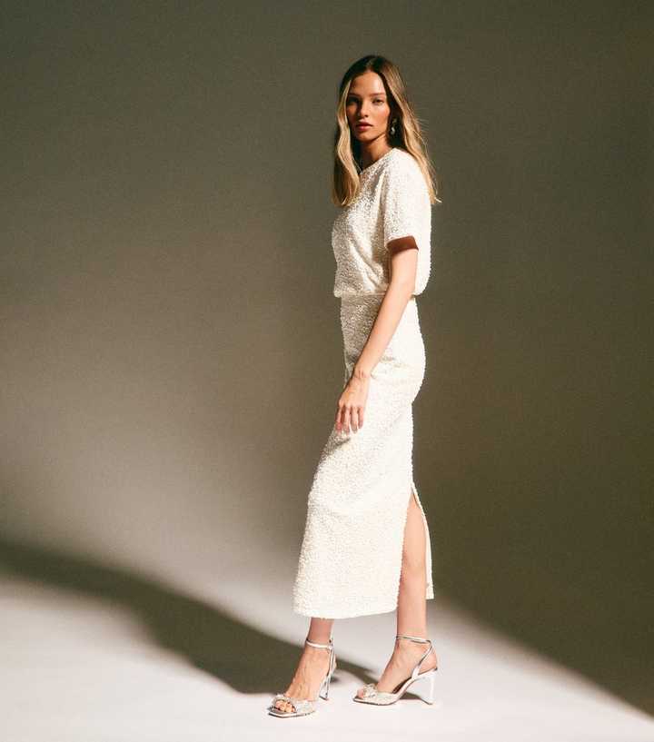 Cream Velvet Sequin Embellished Midi Skirt