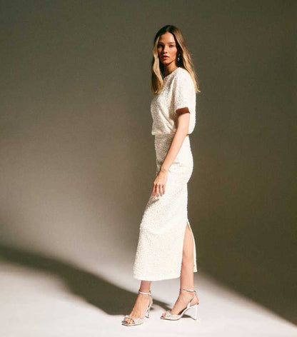 Cream Velvet Sequin Embellished Midi Skirt