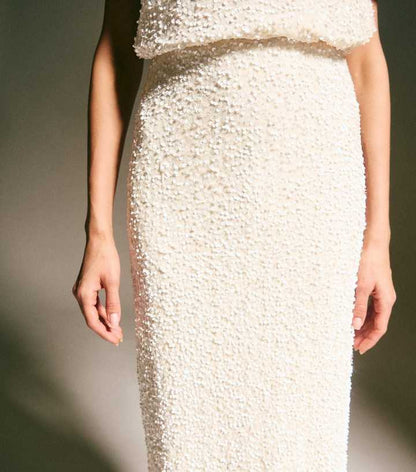 Cream Velvet Sequin Embellished Midi Skirt