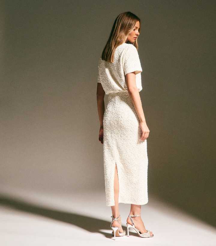 Cream Velvet Sequin Embellished Midi Skirt