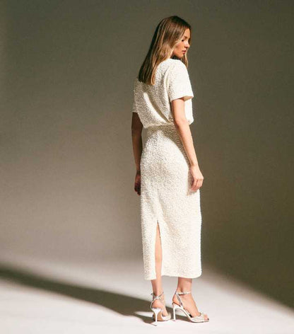 Cream Velvet Sequin Embellished Midi Skirt