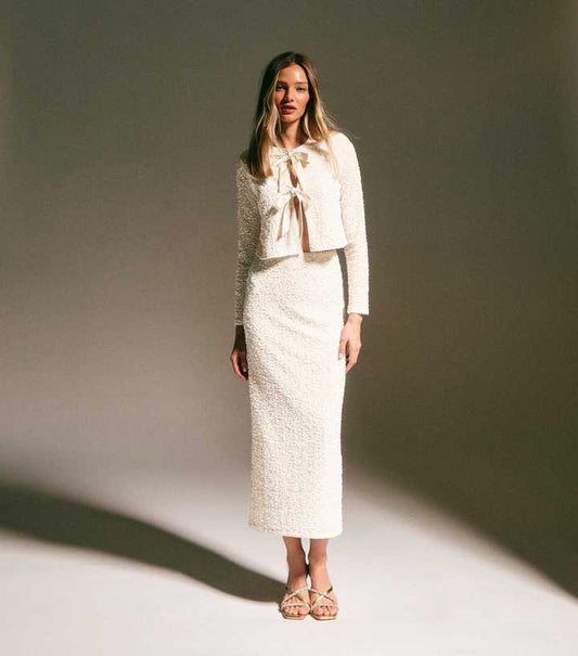 Cream Velvet Sequin Embellished Midi Skirt