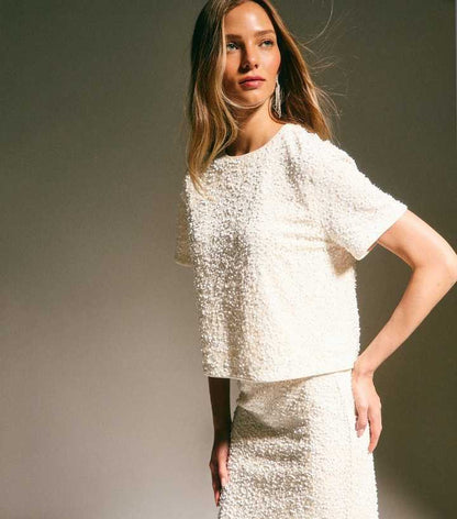 Cream Velvet Sequin Embellished T-Shirt