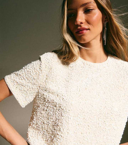 Cream Velvet Sequin Embellished T-Shirt