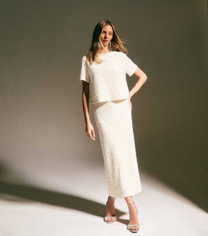 Cream Velvet Sequin Embellished T-Shirt