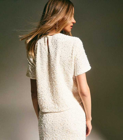 Cream Velvet Sequin Embellished T-Shirt