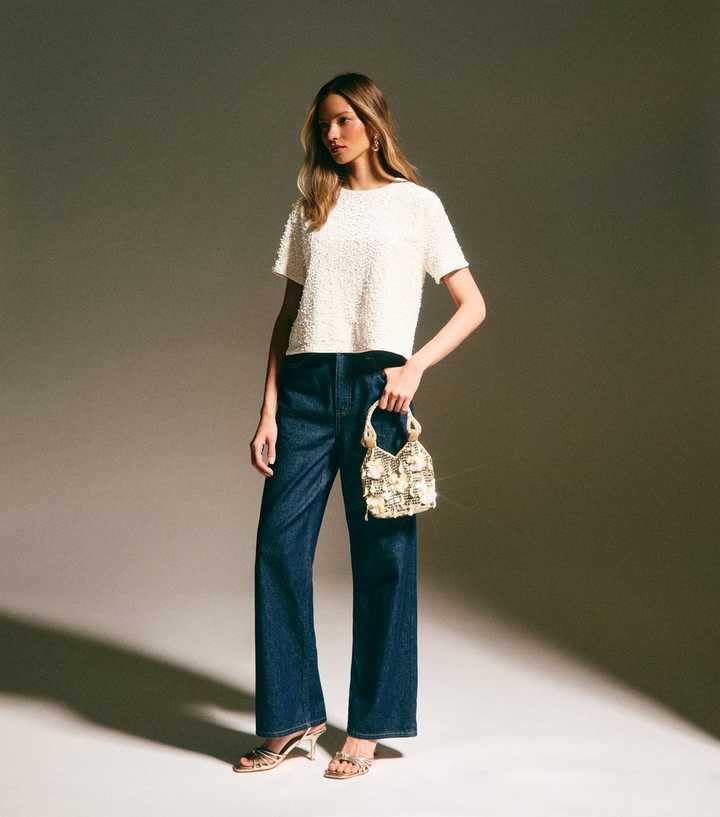 Cream Velvet Sequin Embellished T-Shirt