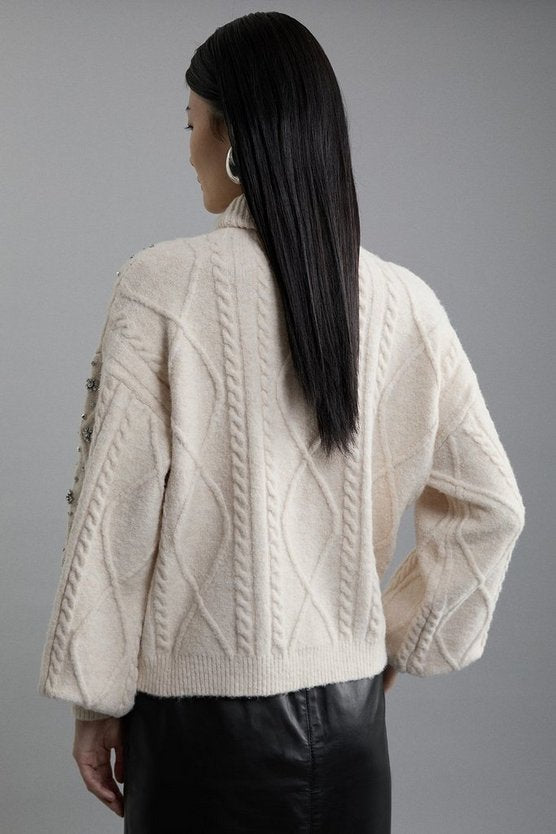 Wool Blend Embellished Cable Knit Jumper