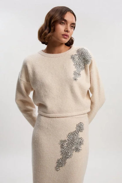 Wool Blend Embellished Cosy Crew Neck Knit Jumper