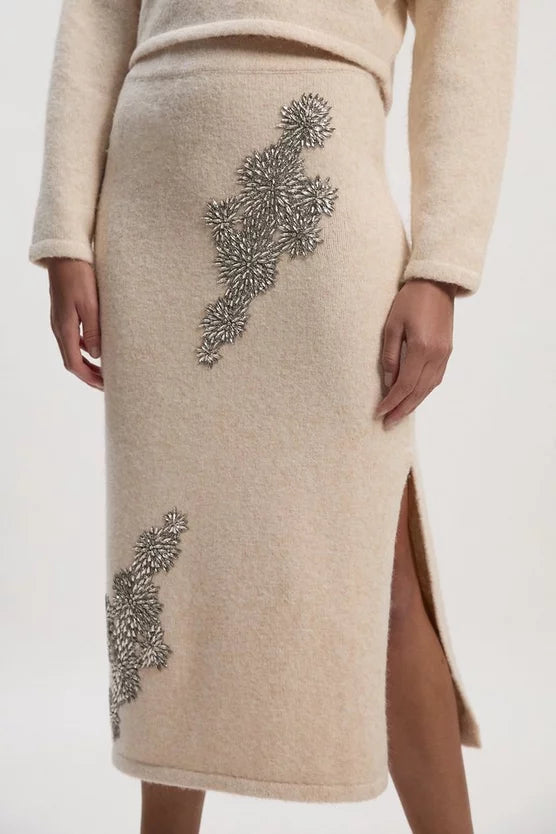 Wool Blend Embellished Cosy Pencil Midi Skirt