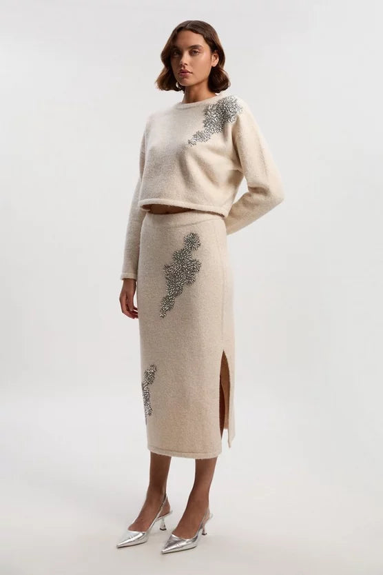 Wool Blend Embellished Cosy Pencil Midi Skirt