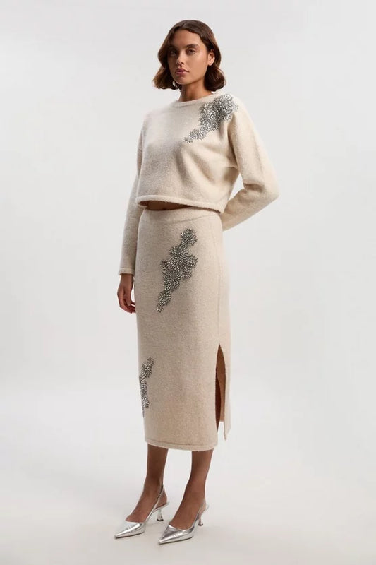 Wool Blend Embellished Cosy Pencil Midi Skirt