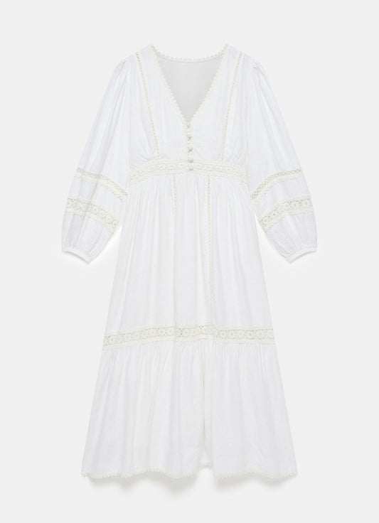 White Crochet Linen Blend Midi Dress