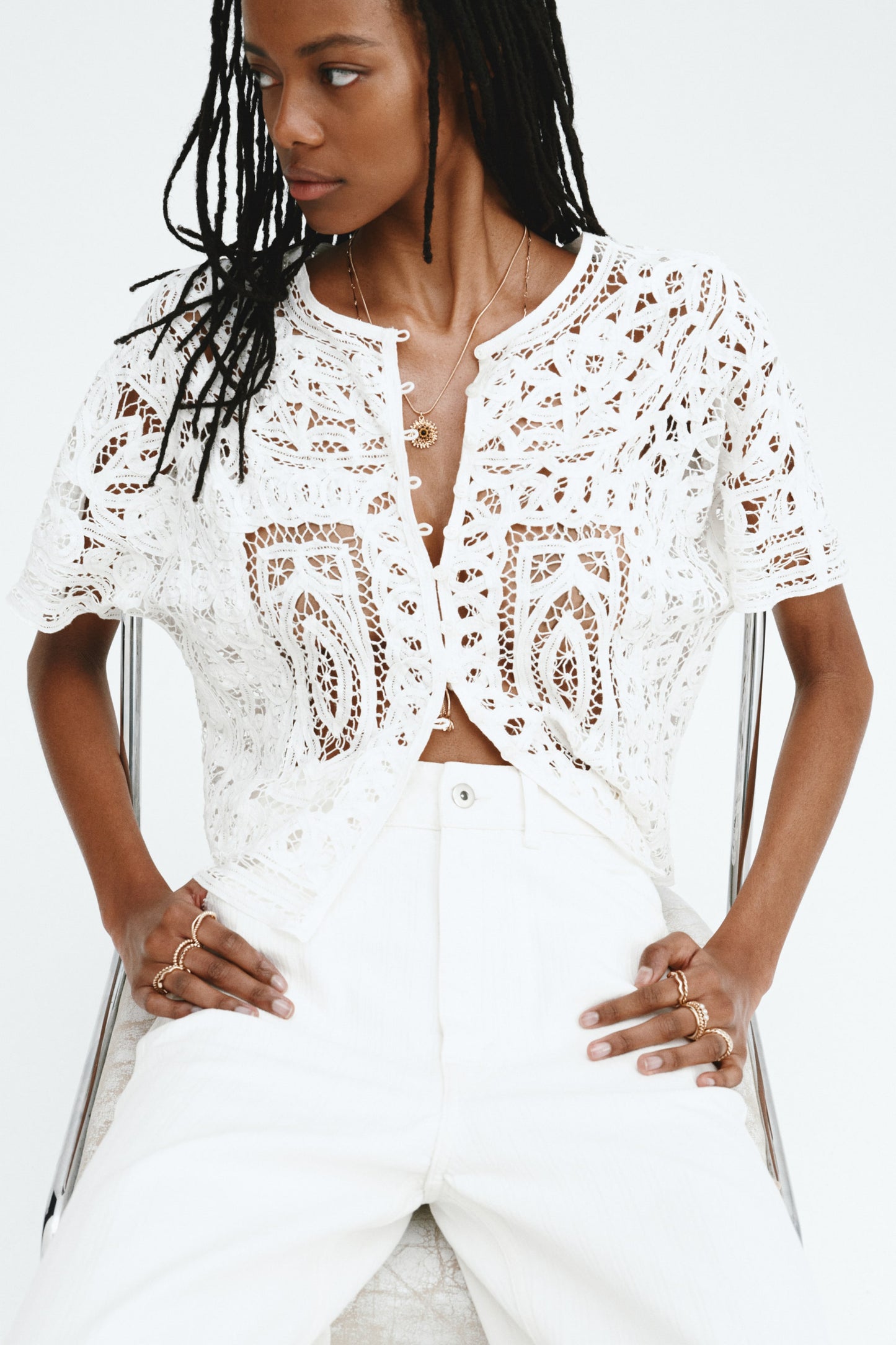 Oversized crochet-look blouse
