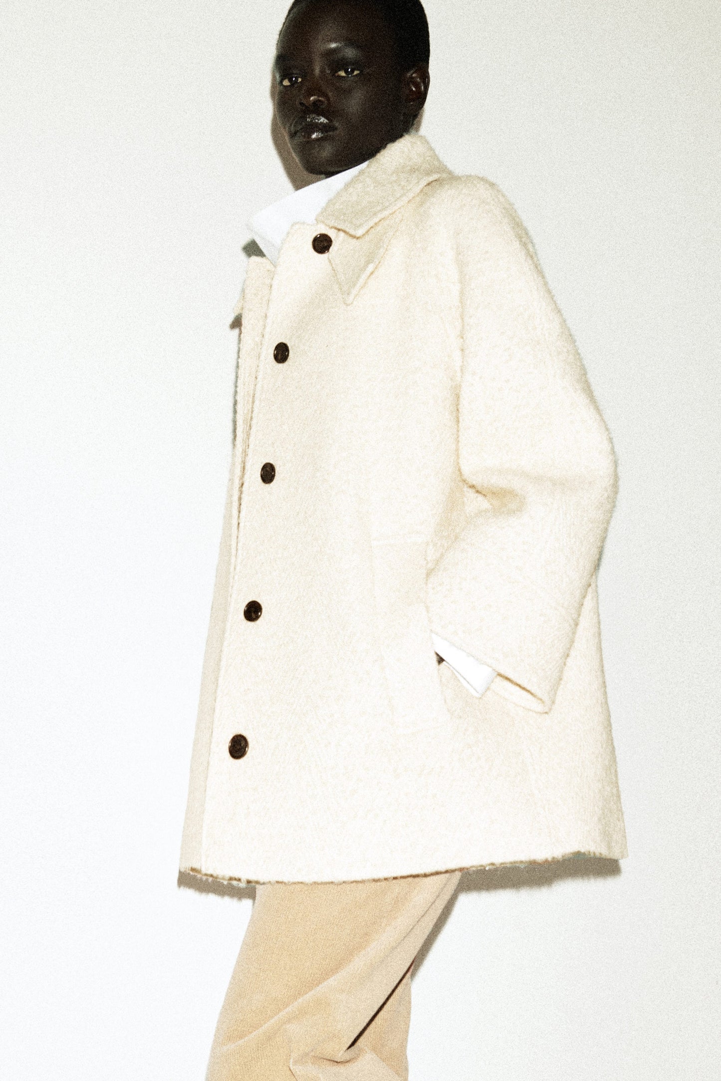 Funnel-neck wool-herringbone short coat