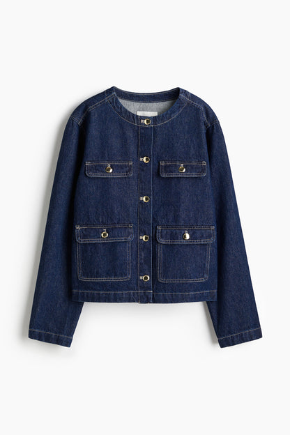 Collarless denim jacket