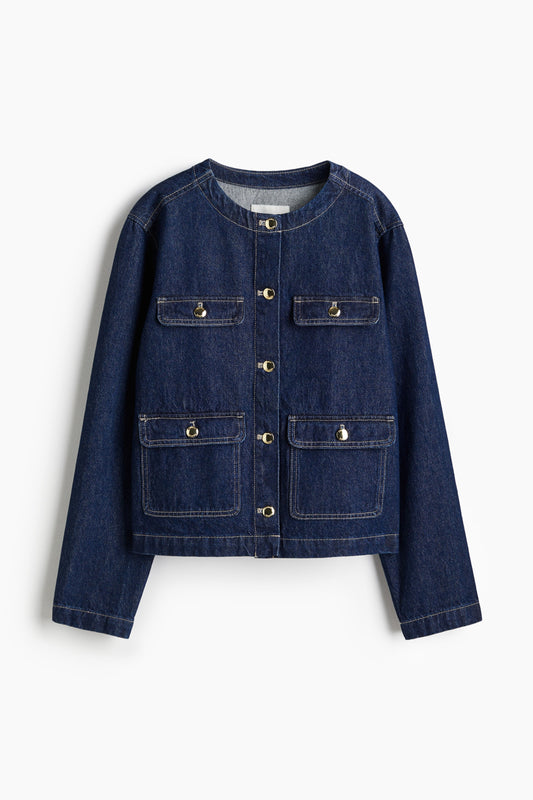 Collarless denim jacket