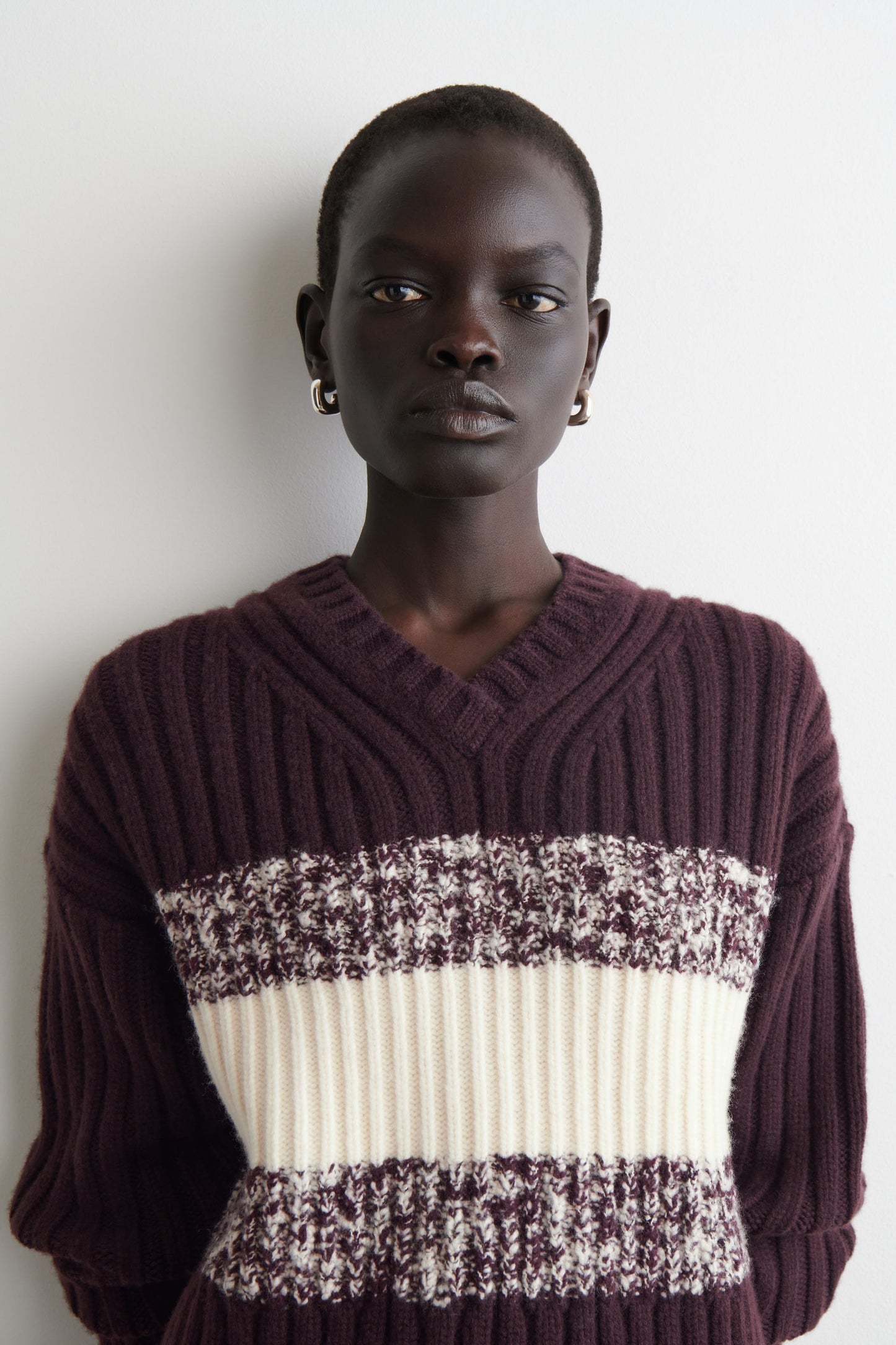 Textured merino wool v-neck jumper