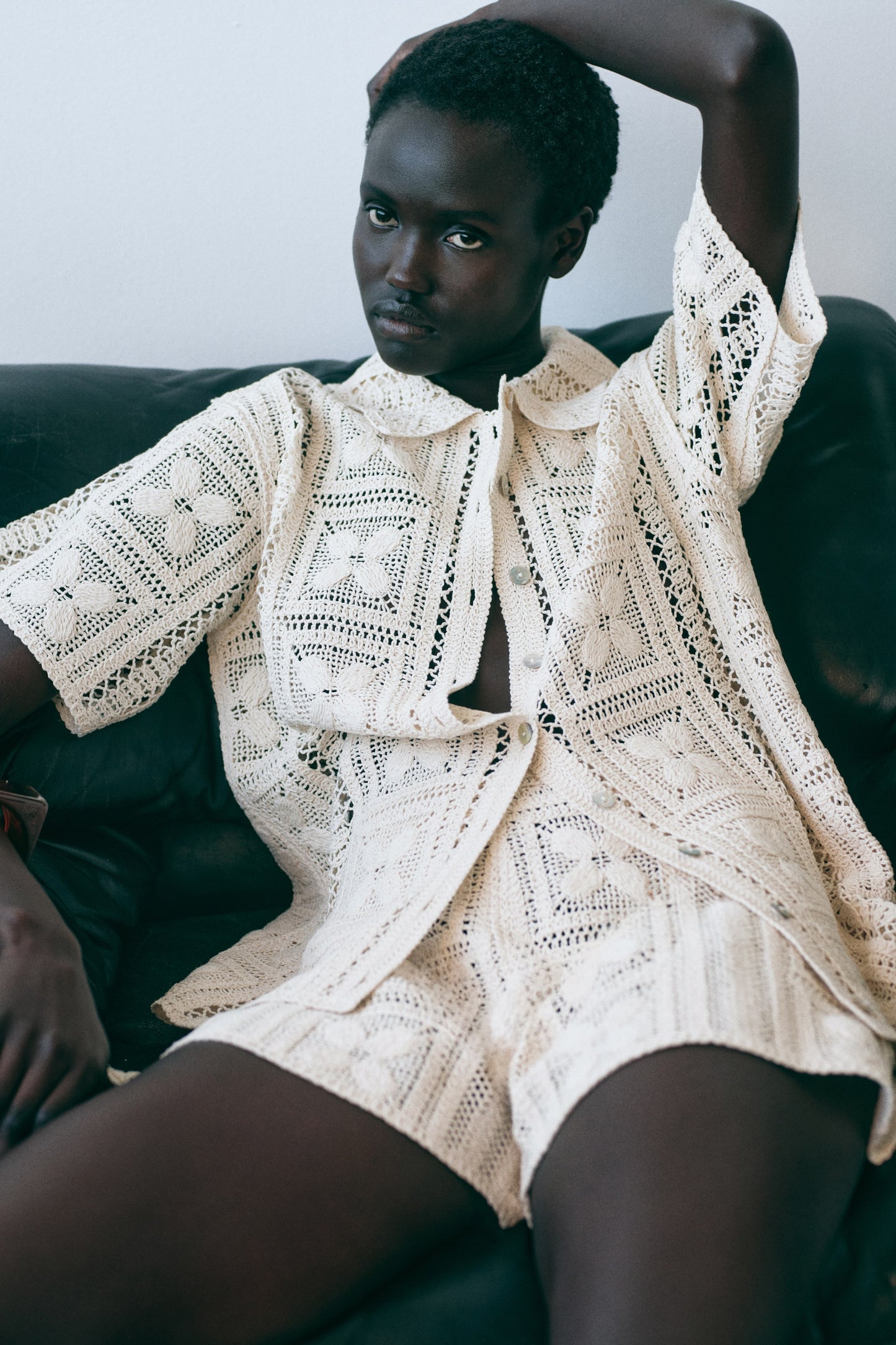 Crochet-look silk-blend shorts