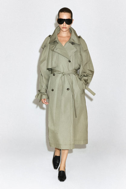 Funnel-Neck Cotton Trench Coat