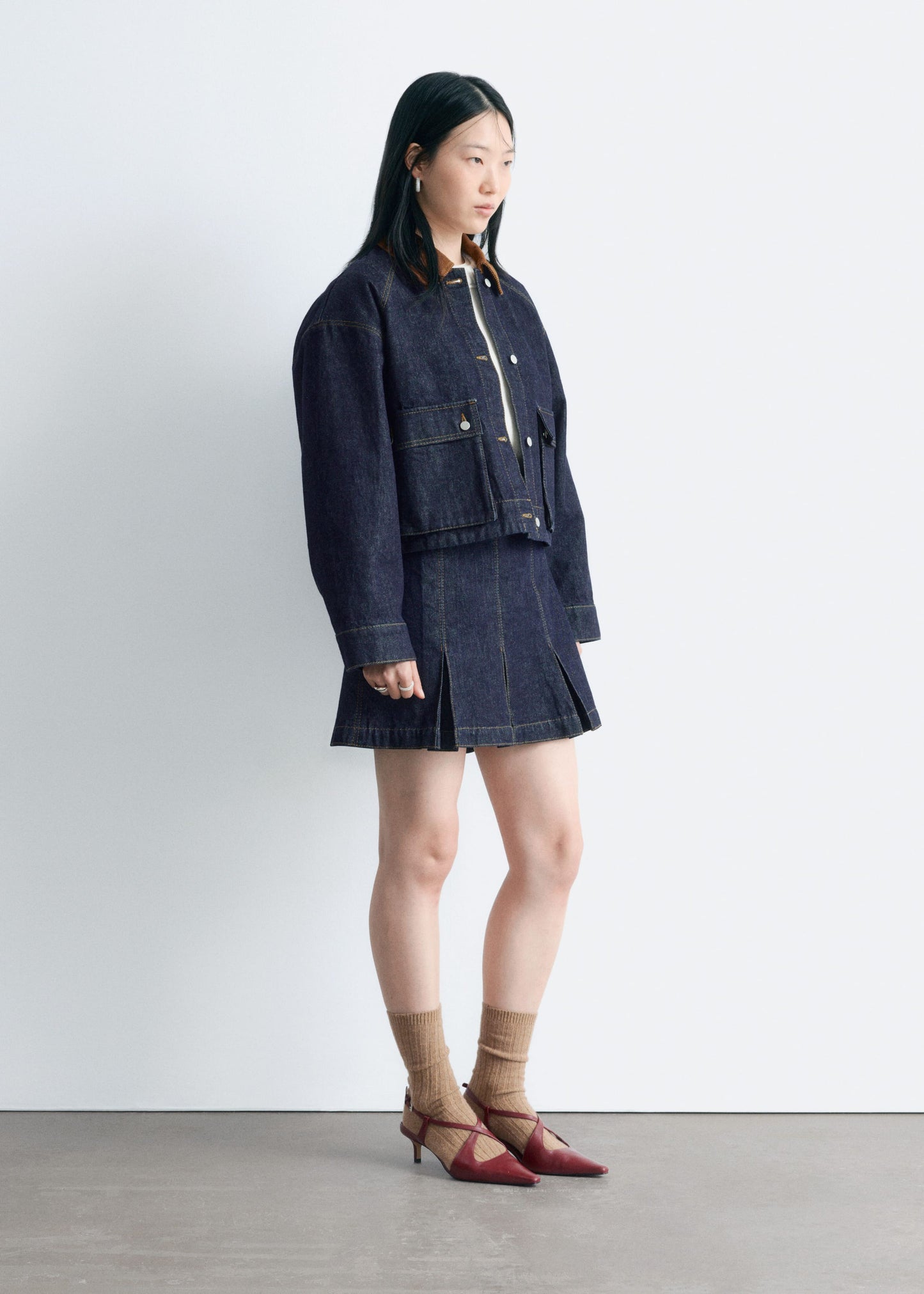 Short Cord-Collar Denim Jacket