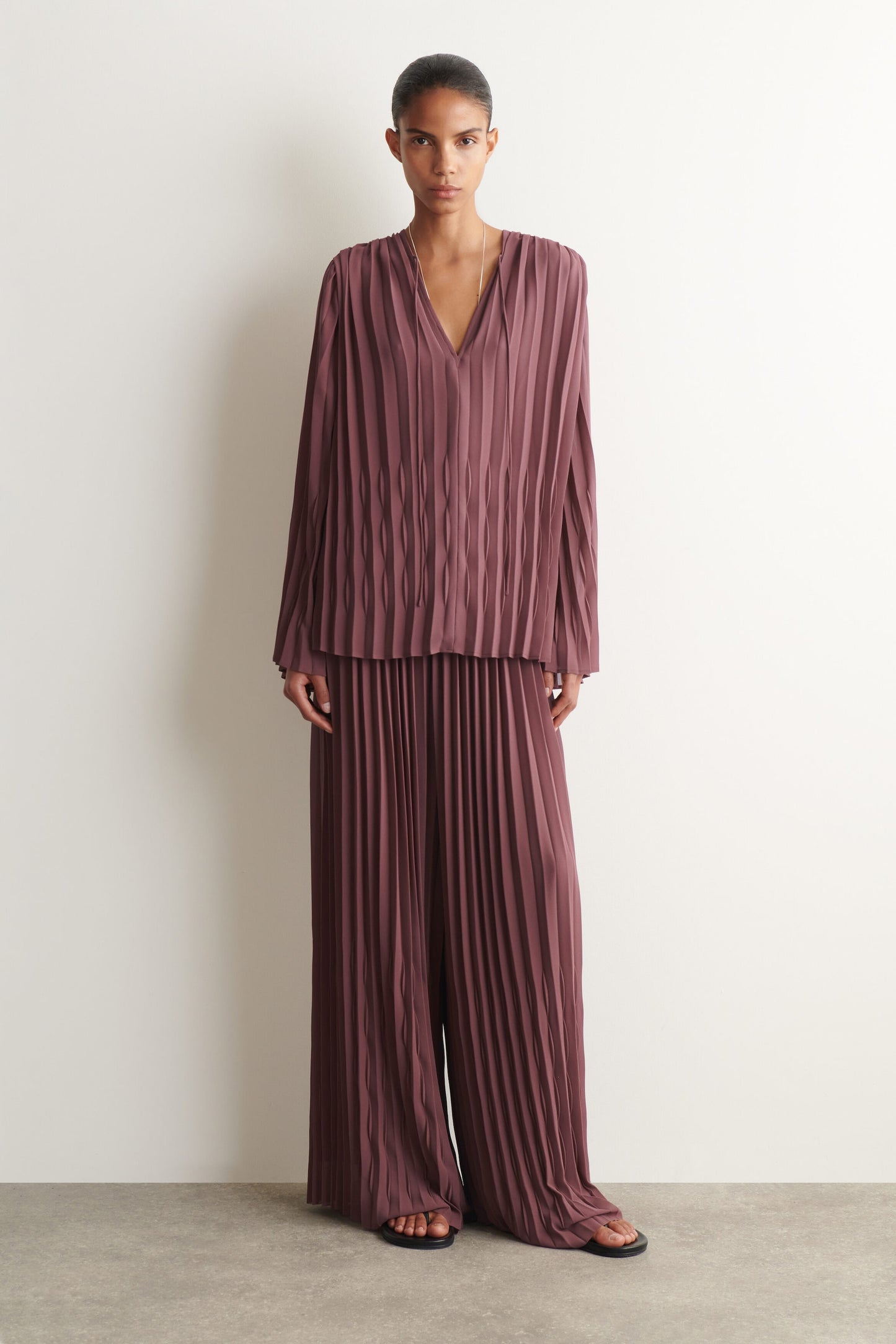 Tie-front pleated georgette blouse